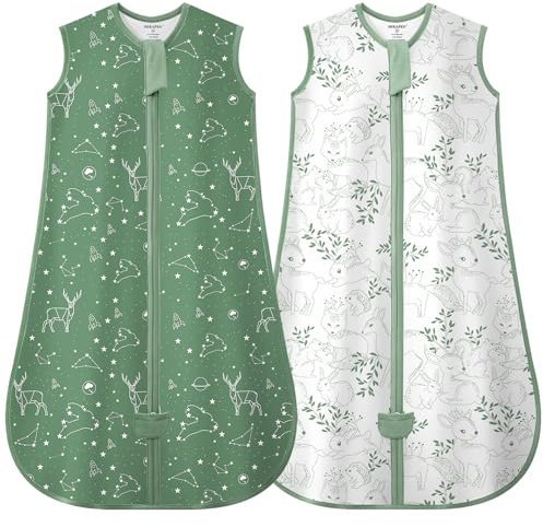 MIKAFEN 2er Pack Baby Schlafsack Sommer 0.5 Tog,100% Baumwolle Kinder Sommerschlafsack für Jungen und Mädchen, Sternbild & Grüner Fuchs,6-14 Monate