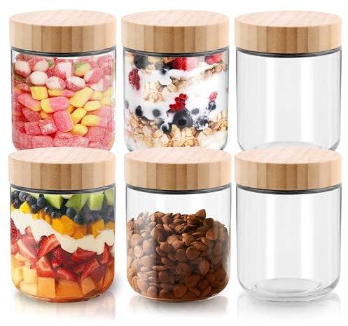 Glasbehälter mit Bambusdeckel, 6er-Set, 473 ml, Haferbehälter mit Deckel, Einmachgläser, wiederverwendbare Mahlzeiten-Vorbereitungsgläser mit luftdichtem Deckel für Lebensmittel, Joghurt, Snacks