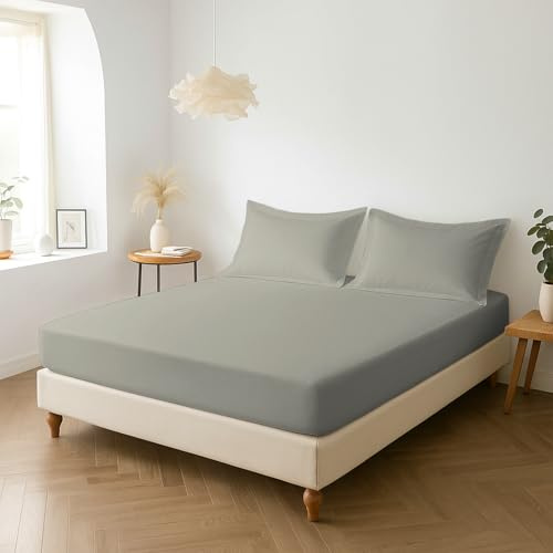Pizuna Percale Fitted Sheet Double 140x200 cm with 2 Pillowcases | Silver 100% Long Staple Cotton Crisp Percale Weave 40 Cm Deep Fitted Sheets Bed