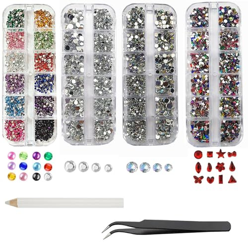 MUFEKUM 6200 Stück Strasssteine für Nägel, 4 Glitzersteine Nägel mit Pinzette und Strass Picker Dotting Pen, Flatback Rhinestones für Nagel Bekleidung Basteln DIY