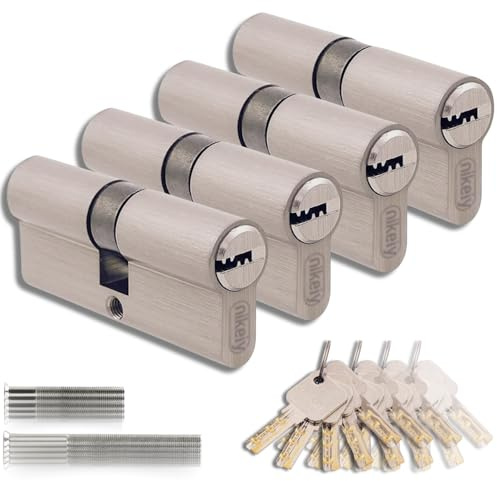 Set di 4 Cilindri a Doppia Serratura in Ottone 40/40mm con Chiave Unica, 20 Chiavi Incluse, 8 Viti, Serrature Universali per Porte e Garage, Lunghezza 80mm, Montaggio Facile