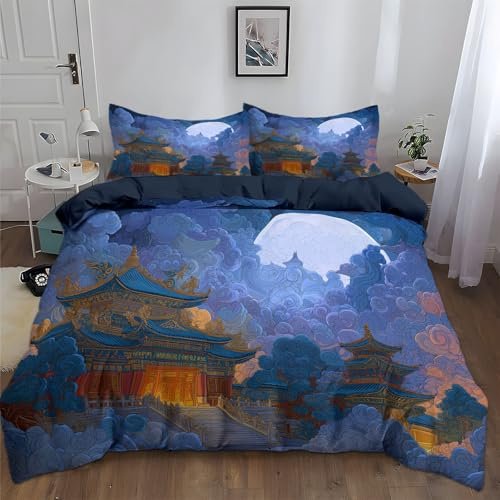 Duvet Cover Set Cartoon Animation Ancient Building At Night Bedding Set, King Quilt Covers 3 Pieces Microfiber Non Iron Bedspread Dark Cyan Comforter Cover with 2 Pillowcases, for Adult Men Women