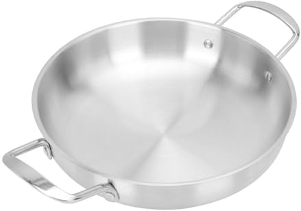 MOTHNUR Pfanne Bratpfanne Ramen Topf Servierpfanne Backofenfest Edelstahlpfanne Universalpfanne mit 2 Griffen und Kapazitätsskala 26cm