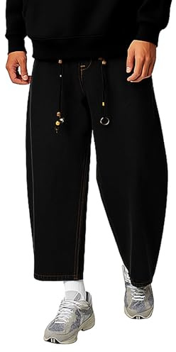 Generisch Jean pour homme coupe ballon avec cordon de serrage - Pantalon large à carotte en denim foncé - Pantalon streetwear décontracté à taille haute