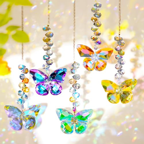 nuyikaso 5 Stück Sonnenfänger Kristall Windspiel Fenster Anhänger Schmetterling Regenbogen Kristalle Deko Fensterdeko Hängend für Haus Garten Weihnachten Tag Party Hochzeit Geschenke