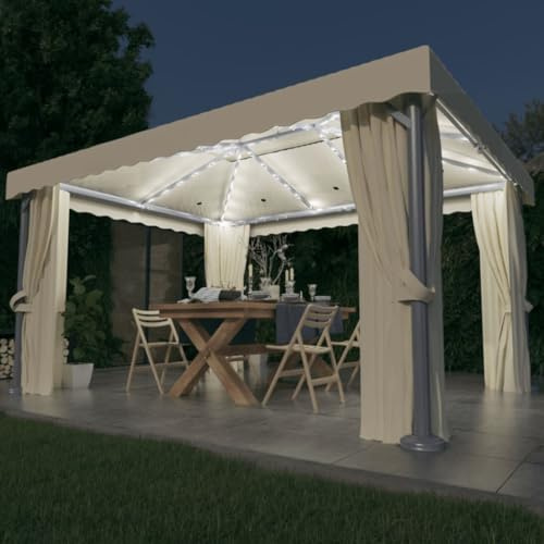 Gazebo con tende, zanzariere e catene luminose a LED, 4 x 3 m, bianco crema, struttura in acciaio alluminio, doppio tetto, protezione UV, per giardino, terrazza ed eventi all'aperto