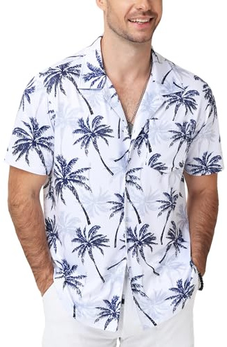 Runhit Hawaii Hemd Männer, Leichtes Sommerhemd Kurzarm mit Brusttasche und Tropischem Print, Atmungsaktiv Strandhemd für Strand Urlaub Alltag