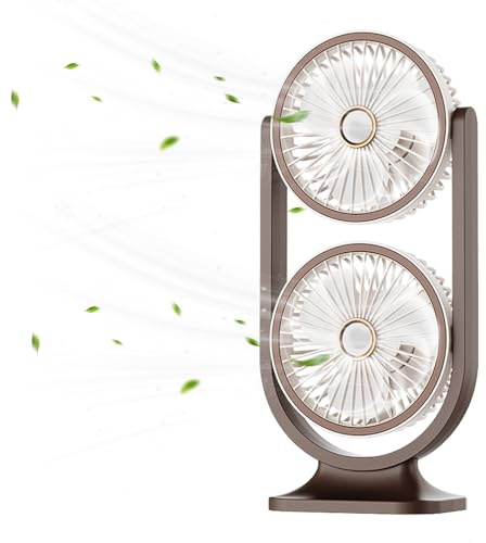 Bloymsk Desk Fan, Portable USB Rechargeable Fans with 5 Speeds Options and Adjustable Night Light, Dual Fan 360° Flip, Cooling and Quiet Desktop Fans for Bedroom/Office/Home/Camp - Beige