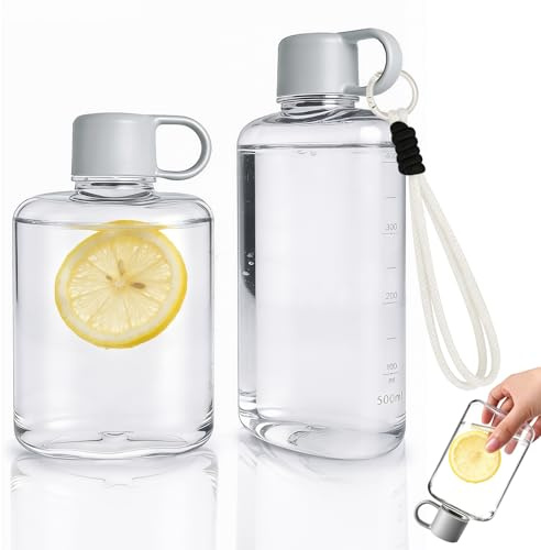 Hainue 2 Stück Flache Trinkflasche,Transparent Wiederverwendbare Water Bottle,Auslaufsichere Schlanke Wasserflasche für Handtasche und Outdoor,BPA-frei,360ml+500ml