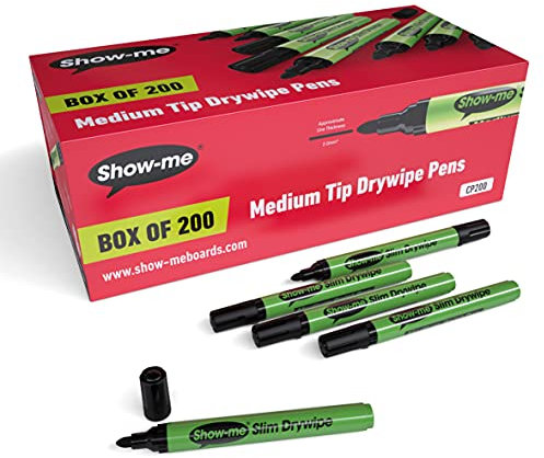 SHOW-ME Whiteboard Marker Pens for White Boards, Long-Lasting Markers With Easy-Fit Lids, Comfortable & Safe Dry Wipe Ink With Anti-Splay Nibs - Medium, Black, 200PK