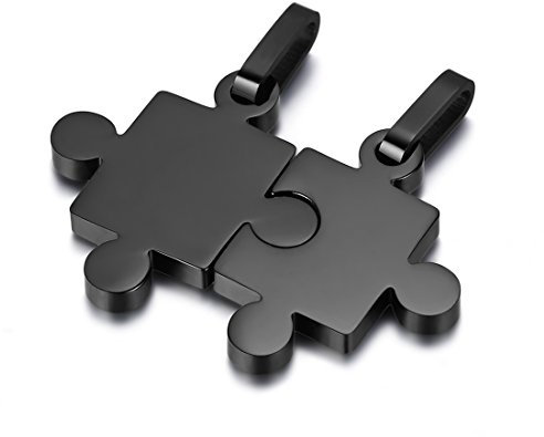 JewelryWe Valentinstag Schmuck 2 Freundschaftsketten Puzzle Love Edelstahl Partner-Anhänger mit 45cm und 55cm Kette, Halskette für Damen & Herren, Schwarz