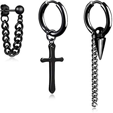 Huggie Hoop Earrings For Men With Cross Chain Spikes Awl Dangle Black 316l Stainless Steel Punk Hip Hop Rock Gothic Kpop Earrings For Men Women