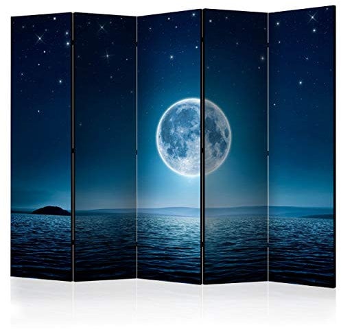 decomonkey Paravent Raumteiler Innen Mond 225x172 cm 5 Teilig Beidseitig Room Divider Wall Raumteiler Stehend Trennwand Sichtschutz Spanische Wand Sichtschutzwand Wohnzimmer Holz Nacht Sterne