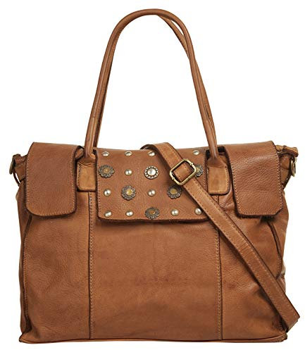 Samantha Look Shopper Echt Leder Damen | Made in Italy, Vintage Ledertasche, Handtasche mit Nieten, abnehmbarer Schultergurt | 020611