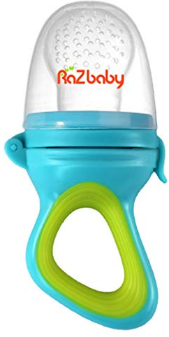RaZbaby Baby Solids/Frozen Fruit Feeder Pacifier, Infant Teether Toy 6M+, BPA-Free Silicone Pouch & Nipple, Safely Introduce Solids, Natural Teething Relief, Dishwasher Safe, Freezable – Blue/Green