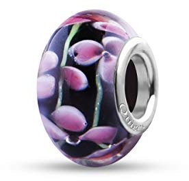 Quiges Drops Femme Perle de Verre de Murano Charm Noir avec Fleur Rose sur la Branche Vert