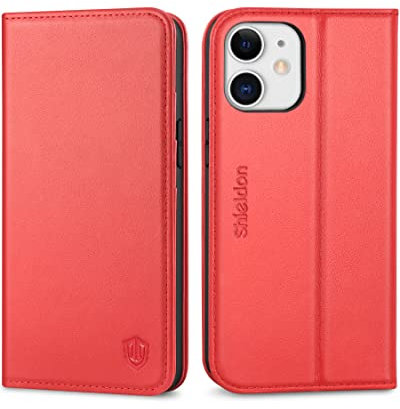 SHIELDON Hülle für iPhone 12 Mini, Stoßfeste Handyhülle [Rindsleder] [Lifetime Garantie] [RFID Schutz] [Kartenfächer] [Magnetverschluss] TPU Schutzhülle Flip Case Kompatibel für iPhone 12 Mini 5,4 Rot