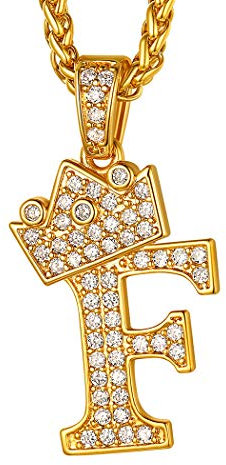 Suplight Iced-Out Kette für Männer Jungen 18k vergoldet Buchstabe F + Krone Anhänger Halskette 3mm/56+5cm Weizenkette Hiphop Modeschmuck Accessoire für Rapper Biker