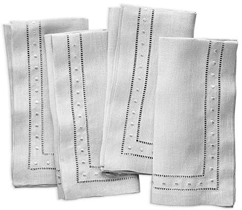 Leinenservietten, 4 Stück, 100 % Flachs, Leinen, hellgrau, mit gesticktem Punkt, 45,7 x 45,7 cm, Hohlsaum, Stoffservietten, waschbar für Vatertag