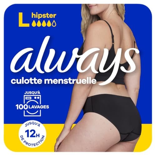 Always - Culotte Menstruelle Hipster Lavable, L, 42-44, 1 Sous-vêtement Pour Règles, Noir, Flux Moyen À Abondant, Réutilisable Jusqu’à 100 Lavages, Jusqu’à 12h De Protection, Confort Toute la Journée