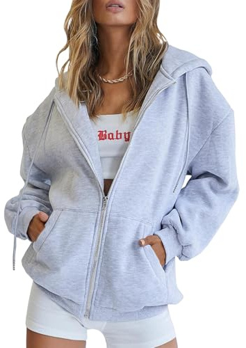 Trendy Queen Felpe con Cappuccio da Donna con Zip Felpe Oversize Abiti alla Moda Autunnali Giacche Casual Vestiti Invernali, Grigio, X-Large
