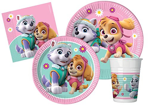 Ciao AZ018 Party Tableware Set Paw Patrol Skye & Everest People (112 pcs Ø23cm, Plates Ø20cm, 24 Cups, 40 Napkins), Illustration, Multicoloured