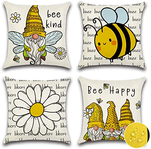 Ohok Wasserdicht Kissenbezug 45x45 cm, 4er Set Dekorativ Outdoor Kissenhülle Deko Sofakissen Couchkissen Zierkissenbezüge für Sofa Wohnzimmer Balkon Garten Auto (Biene)