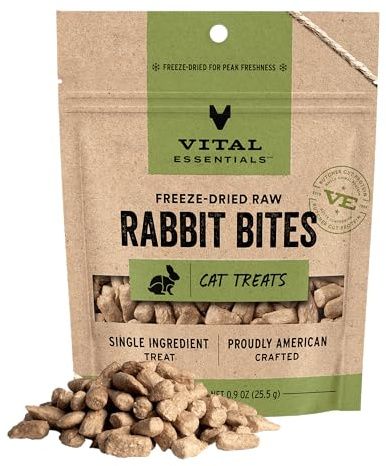 Vital Essentials Freeze Dried Cat Treats | Rabbit Bites, Single Protein | Premium Quality | Grain Free, Crunchy Cat Treats, 0.9 oz Bag