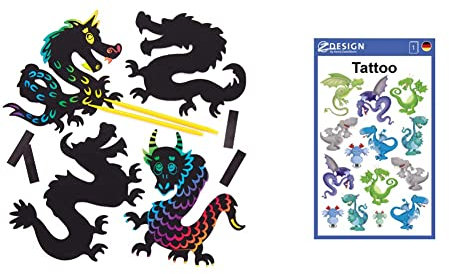 Baker Ross Kratzbild-Magneten „Drachen“ (10 Stück) & Avery Zweckform 56751 Tattoo Kinder 14 Stück (Temporäre Tattoos Drachen, Kinder Tattoo wasserfest, Klebetattoos, Kindergeburtstag, Mitgebsel)