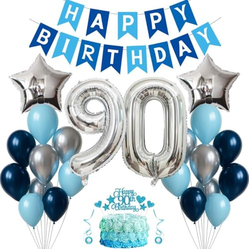 Jxuzh 90. Geburtstag Dekorationen Blau Silber Deko 90 Geburtstag Männer 90 Jahre Kindergeburtstag Deko Luftballon 90. Geburtstag Luftballons Girlande 90 Jahre Geburtstagsdeko für frauen Männer