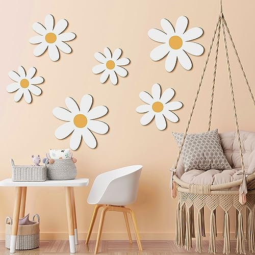 Thyle 6 Stück Gänseblümchen-Wanddekoration aus Holz mit weißen Blumen, Wandschilder zum Aufhängen für Zuhause, Kinderzimmer, Schlafzimmer, Bauernhaus, Badezimmer, Dekorationen, Einweihungsgeschenke