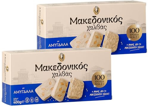 Haitoglou Makedonikos Halvas mit Mandeln 2x 400g – Griechische Sesamsüßigkeit mit Mandeln – Traditionelle Süßspeise – inkl. 20ml Jassas Olivenöl