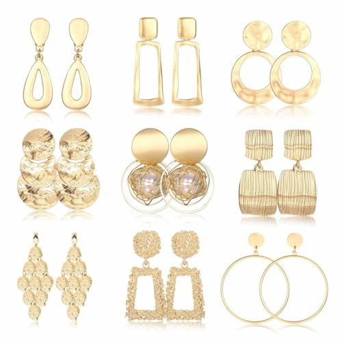 MeeQee 9/12 Paar Clip-Ohrringe Set für Damen Goldenes Geometrische Anhänger Ohrclips Hypoallergen Metall Rund Rechteck Statement Hängeohrringe Mode Nicht Durchdringende Tropfen Ohrhänger Set