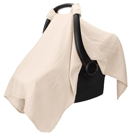 Comfy Cubs Muslin Baby Car Seat Cover - Soft Infant Car Seat Cover Sand | Breathable and Lightweight Muslin Cotton Baby Seat Cover - Designed in the US, Large Canopy for Sun Protection