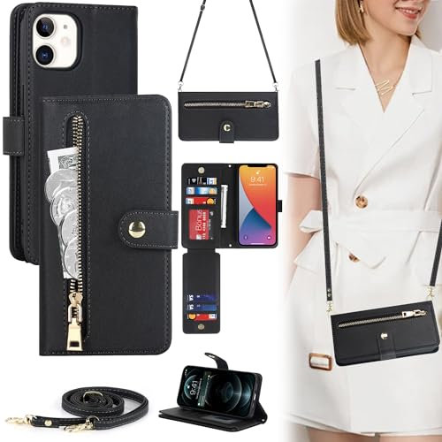 ELTEKER Handyhülle für iPhone 11 Hülle mit Band, Klapphülle mit Kartenfach Schutzhülle Handytasche Leder Hülle für iPhone 11 - Schwarz