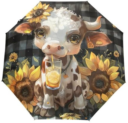 Regenschirm mit niedlichem Kuh-Sonnenblumen-Motiv, kompakt, Reise-Regenschirm, winddicht, automatisch, Regenschirm, für Rucksack, Geldbörse, Tragetasche