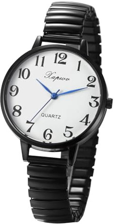 JewelryWe Damenuhr Elastisch Uhr Damen: Schwarz Analog Quarz Armbanduhr Frauen Edelstahl Stretch Armband Lässige Uhr mit großem Digital Zifferblatt