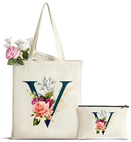 Personalizadas Inicial Bolsa de Lona, Bolso Tote de Mujer con Inicial y Flores, Bolsa de Compras con Bolso de Cosméticos, Regalos para Damas Amigas Mamá, Regalo de Cumpleaños Boda Navidad V