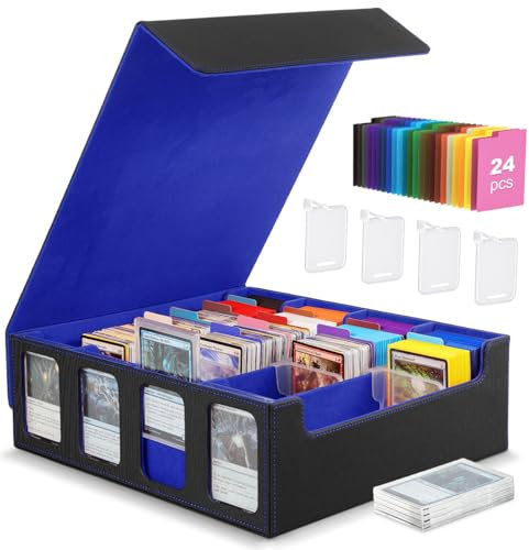 MoKo Kartenaufbewahrungsbox für Trading Cards, 3000+ MTG Deck Box mit 24 bunten Trennwänden & 4 Kartenhalterungen, Kartendeck-Hülle mit Sichtfenster, passend für Magic Game Cards, YugiOh, Schwarz/Blau
