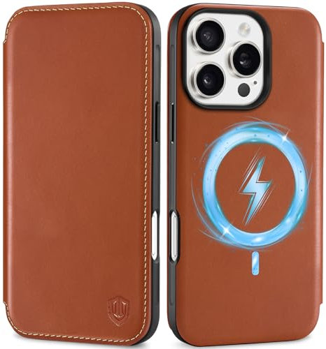 SHIELDON Case for iPhone 16 Pro 6.3, Genuine Leather Slim Wallet [3 Card Slots][RFID Blocking][Shockproof TPU Shell] Magnetic Wireless Charging Folio Case Compatible with iPhone 16 Pro - Retro Brown