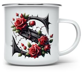 MAXIKIWI Langlebige Emaille-Kaffee- oder Tee-Camping-Tasse für drinnen und draußen, Alphabet mit roten Rosen, 350 ml