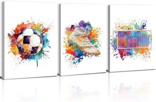 KAIRNE 3er Aquarell Fußball Poster für Kinderzimmer Junge,Fussball Wandbilder mit Rahmen,Kinder Fußball Bilder für Jungenzimmer,Sport Bild für Schlafzimmer Teenager Wohnzimmer Leinwand,30×40CM
