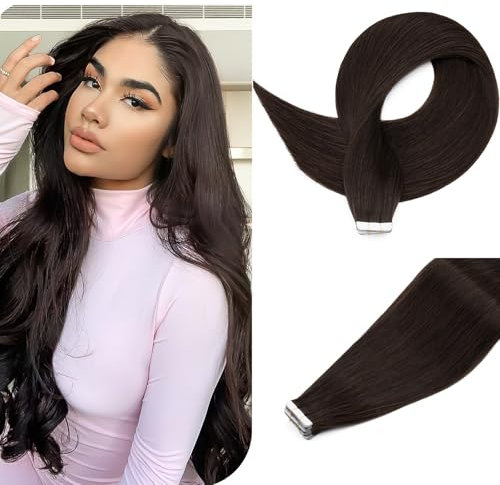 S-noilite Tape Extensions Echthaar Dunkelbraun Remy Menschliches Haar 20 Stück Tape in Extensions Echthaar Skin Weft Haarverlängerung 35cm 40g #2