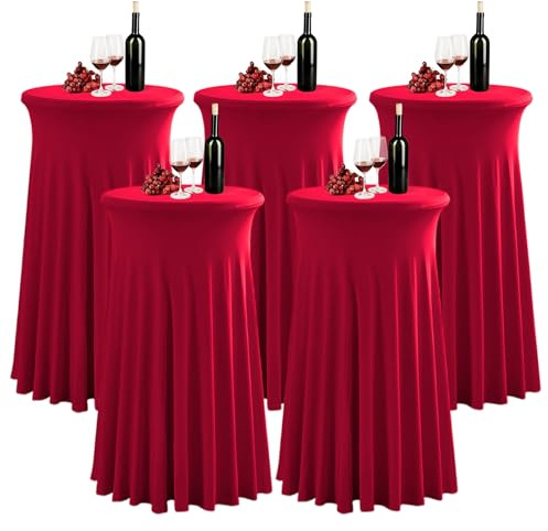 PRELGOSP Nappe Mange Debout Ronde, 80x110 cm Housse pour Table Haute en Spandex, Nappe de Cocktail avec Jupe pour Banquet Mariage Anniversaire Bar Table,Rouge,5pcs