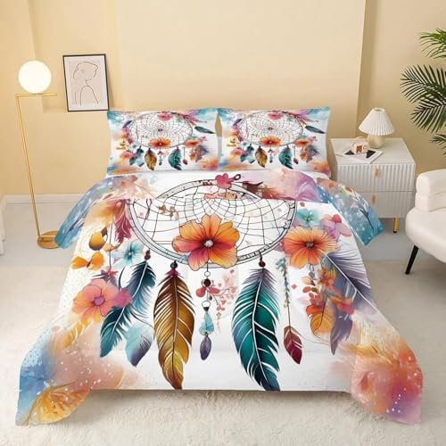Bettdecke 200x220 Ohne Bezug Nutzbar, Traumfänger Feder Blume Bettdecken Waschbar Ganzjahresdecke Traum 4 Jahreszeiten Steppdecke, Bettzeug Microfaser mit 2 Kissenbezug für Sommer Winter Doppelbett