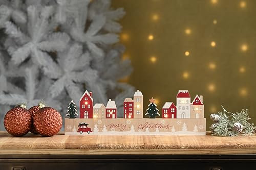 Festive Productions Beleuchtete Dorfszene aus Holz – 38 cm – batteriebetrieben – Weihnachtsdekoration für Zuhause – beleuchtete Weihnachtsdekoration – Geschenkidee
