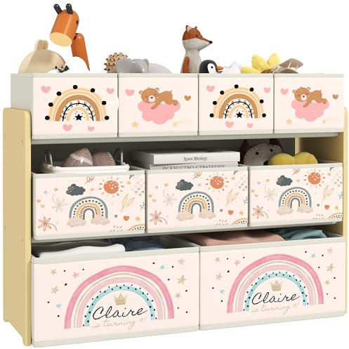 AIYAPLAY Kids Toy Storage Unit, 3-Tier Toy Organiser Shelf with 9 Non-Woven Fabric Boxes for Toys, Books, Dinosaur-Style Toy Storage Organiser for Bedroom, Nursery, Yellow