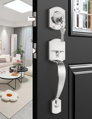 Tinewa Front Door Handle and Deadbolt Set, Camelot Trim Lower Half Handleset, Brushed Nickel Finish, Upgated Entry Door Handle with Accent Wave Door Lever with Reversible Handle Lever