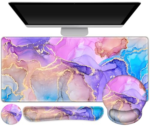 Gaming Mouse Pad, 4in1 XXL Mousepad Large Desk Mat, Cute Desk Pad Protector | Keyboard Wrist Rest+Mouse Wrist Rest+Coaster Set with Ergonomic Desk Pad for Home Office PC Computer, Colorful Marble