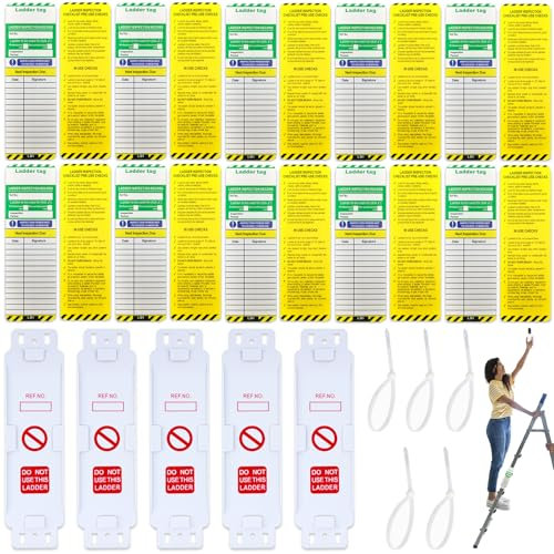 Ladder Tags, Waterproof Ladder Inspection Tags 5 Holders 10 Ladder Inspection Tag Inserts 5 Zip Ties Safety Protect for Indoor Outdoor All Ladder Types All Scaffold Types and Other Equipment